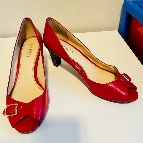 Ralph Lauren Shoes - RALPH LAUREN Red Damaris Leather Gold Women’s Peep Toe Pumps Heels Size 10 b